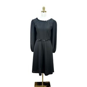 Vintage Boston Maid Black Pleated Sequin Trim Balloon Sleeve Midi Dress Womens